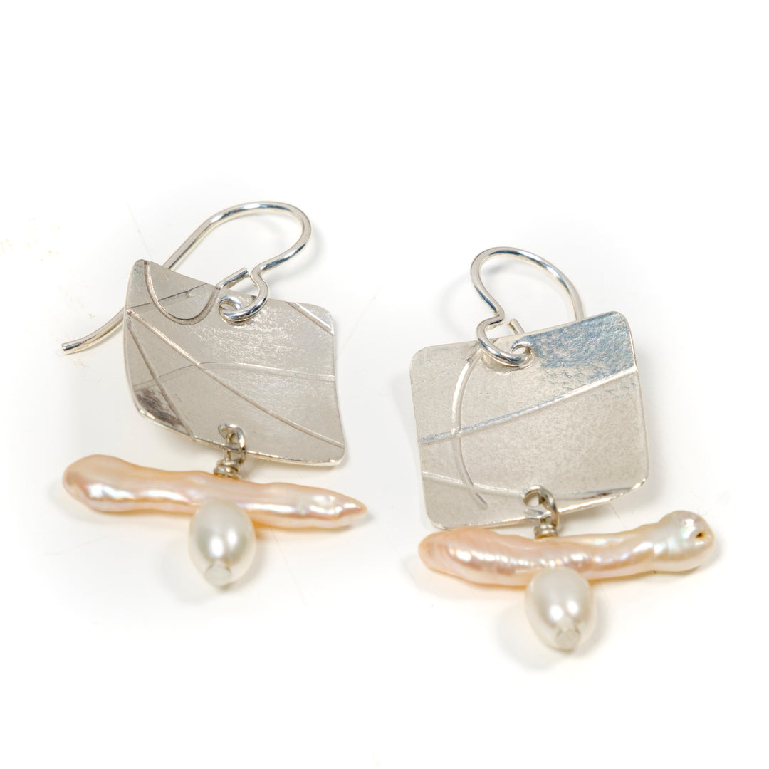 Silver Square Drop Pearl Earring